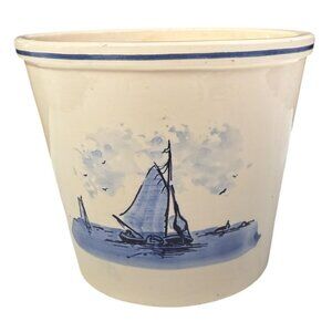 Vintage Delfts Blauw Planter 5.5" Windmill & Sailboat Holland Hand Painted